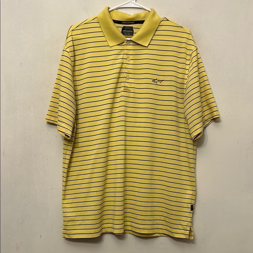 Greg Norman yellow blue stripe short sleeve polo Size L VGUC